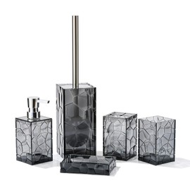 Clear Acrylic Bathroom Accessories Set - Rust-Free, Transparent Design - Includes Soap Dispenser, Toothbrush Holder, Cup, Soap Dish, and Toilet Brush 5-Piece (Grey)