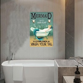 Mermaid Decor Vintage Funny Mermaid Bathroom Decor Vintage Metal Tin Sign - Wash Your Tail - Cafe Office Home Toilet Signs Room Bedroom Wall Decor 8X12Inch