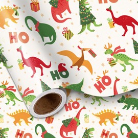 LeZakaa Dinosaur Christmas Wrapping Paper Roll Kids Boys, Cute Dinosaur HO HO HO Festive Design, for Christmas Dinosaur Lovers, Mini Roll 17 in x 16.4 Ft