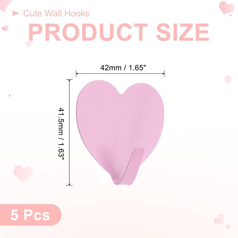 sourcing map Heart Shaped Decorative Wall Hooks, Pink, 5 Pcs