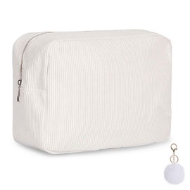 AYNKH Reise-Make-up-Tasche mit Plüsch-Ornament, Cord-Kosmetiktasche, niedlich, wasserdicht, tragbar, mit Reißverschluss, vielseitig für Damen, Kosmetik, Toilettenartikel, Kleidung, weiß, Niedlich