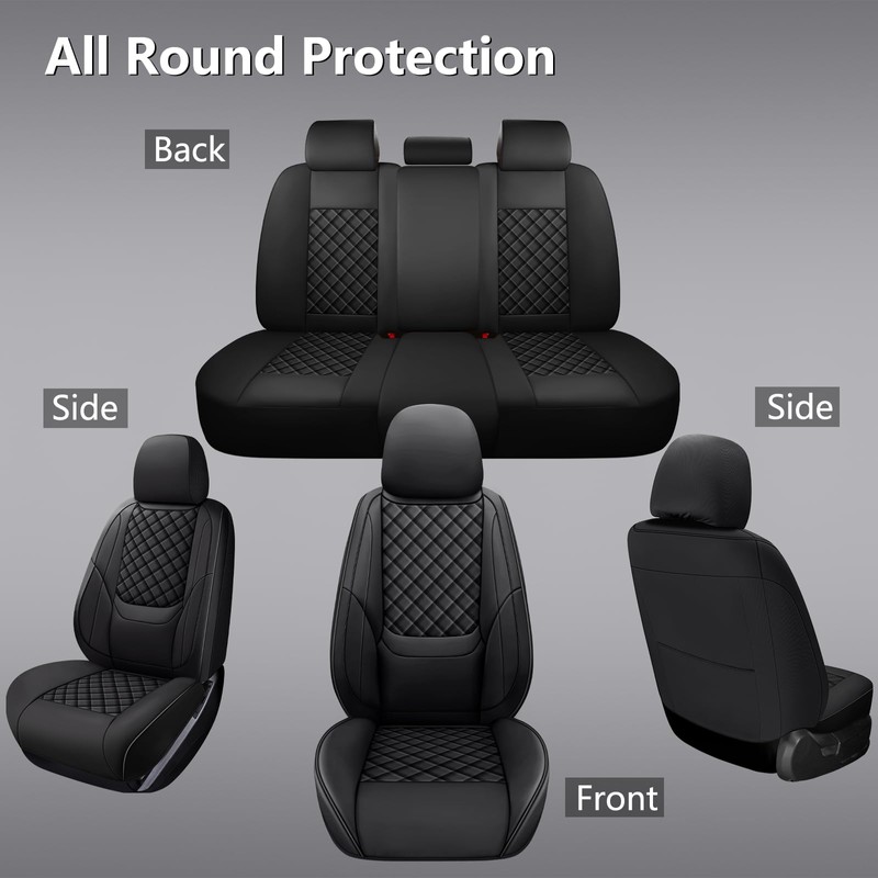 WENNFOUR Full Coverage Black Leather Car Seat Covers Full Set