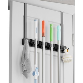 BS-VOG Over the Door Broom Holder, Mop and Broom Holder Door Mount, Hanging Broom Holder Over the Door with 4 Racks & 2 Hooks, Wood Broom Door Hanger Storage, Laundry Tool Organizer for Closet Garage