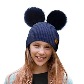 4sold Ribbed Striped Thermal Insulating Bobble Funny Beanie Baby Kids Girls Boys Hat Wool Knitted with Pom Pom Winter Warm SKI Snowboard Hats - Navy