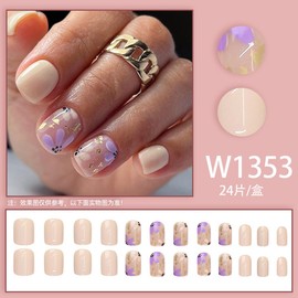 24 PCS Press on Nails Square Short DIY Fake Nails Yellow Purple Flower Coffin Nails with designs Gold Foil Sequins Full Cover Stick on Acrylic Nail for Women Girls Decoration