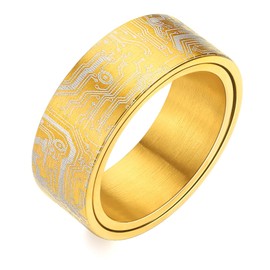 Adreamz 8mm Gold Spinner Computer Circuit Board Ring For Men Anxiety Fidget Relieving Gold Stainless Steel Ring Pipe Cut Edge Programmer Wedding Ring Size 10