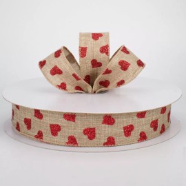 Plaid 5 Yards Wired Edge Ribbon 1 1/2" Wide Natural With Red Glittery Hearts Valentine