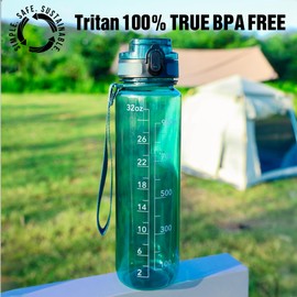 OLDLEY Water Bottles, 32oz Motivational Sports Water Bottle with Time Marker - Times to Drink - Tritan, BPA Free, Wide Mouth Leakproof, Deep Sea (1 Pack)