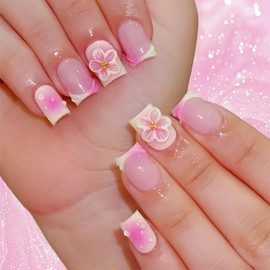 3D Flower French Tip Press-On Nails, Blush Gradient Fake Nails, Glue-On False Nails, Short Square Acrylic, Shiny Full Cover, DIY Manicure for Women