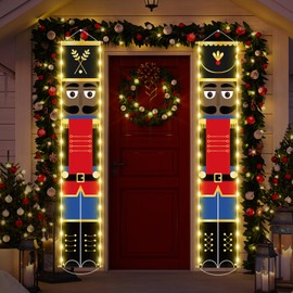 Lounsweer Nutcracker Christmas Decorations Nutcrackers Banners Porch with LED String Lights Xmas Decor Tall Soldier Model Outdoor Banners for Door Yard Holiday(Brown,Red)