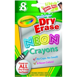Crayola; Dry-Erase Neon Crayons; Art Tools; 8 Count; Washable; Perfect for Classroom Art Activities; Includes Sharpener and Erase Cloth