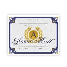 Hayes "A" Honor Roll Certificate, Academic Achievement Awards for Students, High Honors, Straight A's, Full-Color Glossy Finish, 8.5" x 11" - 30 Pack