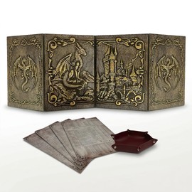 Schermo Dungeon Master con Vassoio per Dadi DOJA Hobbies, DM Screen DnD Pieghevole 4 Pannelli in Pelle Sintetica Dorata con Tasche Personalizzabili, Accessori Dungeons & Dragons Gioco di Ruolo