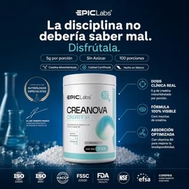 Epic Labs CreaNova® Creatina Monohidratada con Vitamina B6, Alta Pureza, Polvo Sin Sabor, Fuerza y Rendimiento Muscular, 100 Servicios, 500 g
