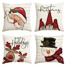 Artoid Mode Santa Claus Snowman Gnome Deers Christmas Cushion Covers Set of 4, 50x50 cm Merry Xmas Decorative Pillow Case Cover Sofa Living Room Decor