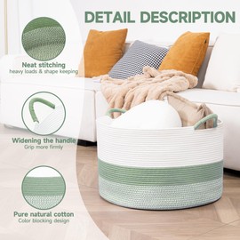 CLHMILY&Z Round Cotton Rope Storage Basket - 22x14.2 Inches - Cute Nursery Bin, Baby Toy Organizer, Green Organizer for Home Decor, Multi-Purpose Home Tidy Solution