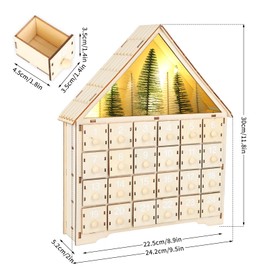 Christmas Wooden Advent Calendar 2024 Wooden House Christmas Decoration LED Lighted House with 24pcs Drawers Advent Countdown Calendar for Christmas Holiday DIY Gift,30x26x6.5cm