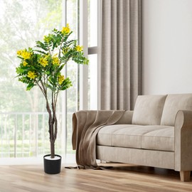 Artificial Tree with Flowers,2 Packs Fake Tree Plants for Outdoor Indoor,Faux Cassia Surattensis Plant in Pot with Flowers Home Decor Office Front Door Decoration