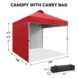 10 x 10 Pop Up Canopy, All Season Instant Canopy with 2 Sidewalls and Vented Roof, Portable Party Tent with Wheeled Carry Bag and Sandbag for Camping, Picnic, Party, Red