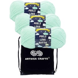 Lion Brand Feels Like Butta Seagreen 215-172 (3-Skeins - Same Dye Lot) Worsted Medium #4 Polyester Yarn for Crocheting and Knitting with Project Bag