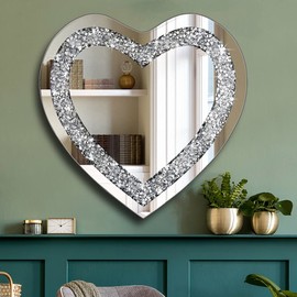 DMDFIRST Crystal Crush Diamond Heart Shaped Silver Mirror for Wall Decoration 20x20x1 inch Wall Hang Frameless Mirror Acrylic Diamond Décor.