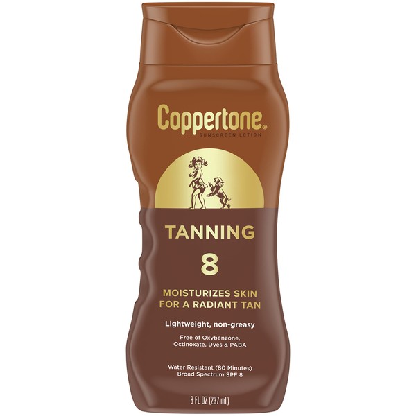 Coppertone Tanning Sunscreen Lotion, Antioxidant, Water Resistant Body Sunscreen SPF 8, Broad Spectrum SPF 8 Sunscreen, 8 Fl Oz Bottle For All Skin Tone