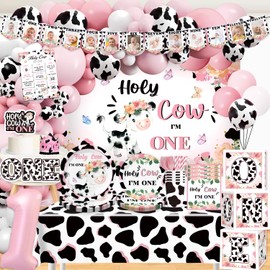 cocomigo 232 PCS Holy Cow I'm One Birthday Decorations Complete Party Set, Holy Cow I'm One Theme 1st Birthday Decorations Girl, for Cow Print Theme Party Serves 20 Guests