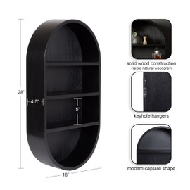 Kate and Laurel Hutton Modern Capsule Wall Shelf, 16 x 28, Black, Minimal Round Oval Wall Shelves for Above Toilet Bathroom Storage