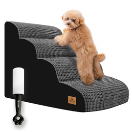 blunique Dog Stairs - 20.5" H 4 Step Curved Dog Ramp for High Bed & Couch, Foam Ramp with Non-Slip Waterproof Fabric Cover, Grey