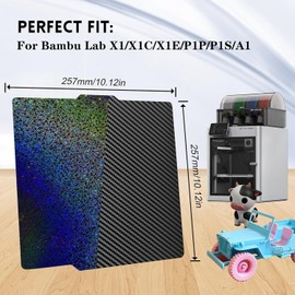 IdeaFormer-3D Flexible Rainbow Starry PEY+Carbon Fiber PET Spring Steel Plate for Bambu Lab X1 X1C X1E P1P P1S A1, Double Sided Textured PEY PET Build Plate 257x257mm for Bambu 3D Printers