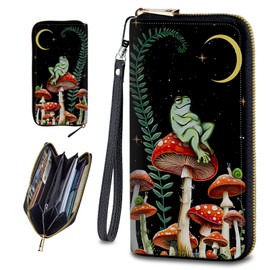 CAPAUNVDA Wristlet Wallets For Women With Card Holder Zipper Pocket,Slim PU Leather Cute women's Wristlet Wallet Clutch For Women Girls,Mushroom Frog