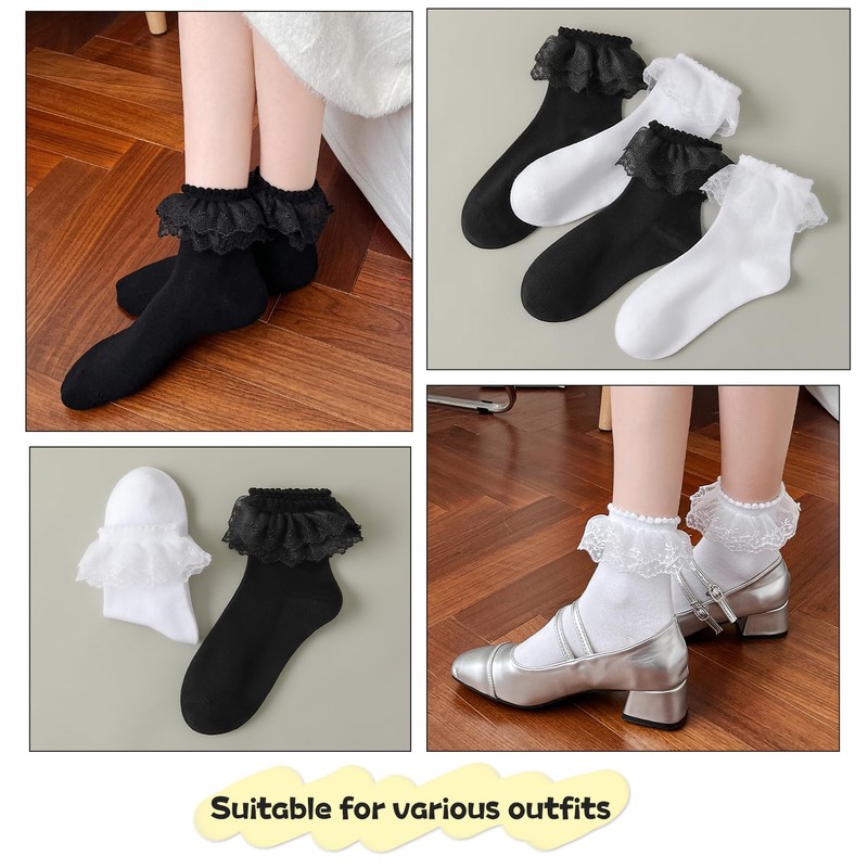 DONBIQI Lace Ruffle Frilly Ankle Socks for Women, Double Layer