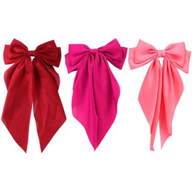 3 Pcs Silky Satin Hair Bows for Women Large Hair Ribbon Bows Oversized Long Tail Hair Bows Clips Big Hair Bow Barrettes Cute Aesthetic Hair Accessories Red Hot Pink