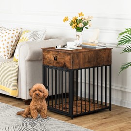 HOOBRO Dog Crate Furniture, Wooden Dog House, Decorative Dog Kennel with Drawer, Indoor Pet Crate End Table for Small Dog, Steel-Tube Dog Cage, Chew-Proof, Rustic Brown and Black BF01GW03