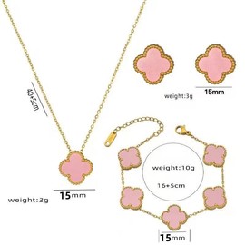 Classic Lucky Jewelry Set, Bracelet, Earrings, Necklace Three-Piece Set 18K Non-Fading Four-Leaf Clover Set:_Pink