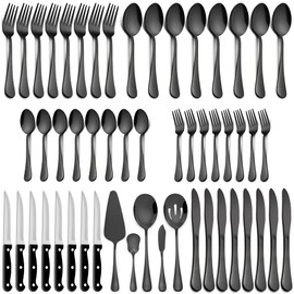 LIANYU 77-Piece Black Silverware Set with Steak Knives and Serving Utensils, Stainless Steel Flatware Cutlery Set Service for 12, Eating Utensil Set for Home Party Wedding, Dishwasher Safe