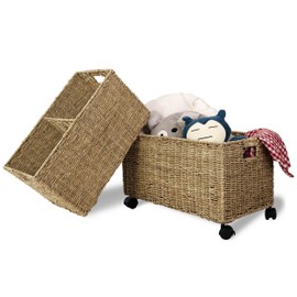 PEMAR Set 2 Nesting Natural Wicker Rolling Storage Baskets on Wheels w Insert Handles, Under Table Under Desk Woven Storage Bins, Mobile File Cabinet Organiser (Water Hyacinth, Sizes M, L Nesting)