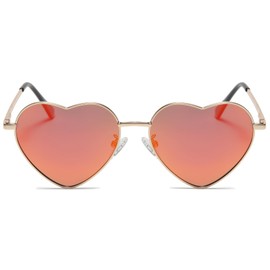 JCTAIFOO Polarised Heart Sunglasses for Women Vintage Fashion Love Shape Gold Metal Frame Cute Party Festival Glasses, Gold/Red Reflective