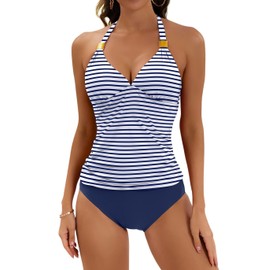 B2prity Halter Tankini Swimsuit for Women Tummy Control Two Piece Bathing Suit V Neck Swimwear with Shorts