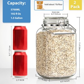 1.5 Gallon Glass Jars With Airtight Lid, Gallon Mason Jars Wide Mouth w Scale Marks(192 FL Oz), Glass Storage Containers with Lids And Sturdy Handles For Flour, Sugar, Baking Supplies, Set of 2