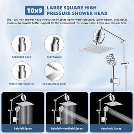 iFealClear Metal Rain Filtered Shower Head, 10” High Pressure Rainfall Shower Head with Handheld Spray, 5“ Handheld Powerful Wash 10-Mode, 16" Adjustable Extension Arm, 20-Stage Shower Filters, Chrome