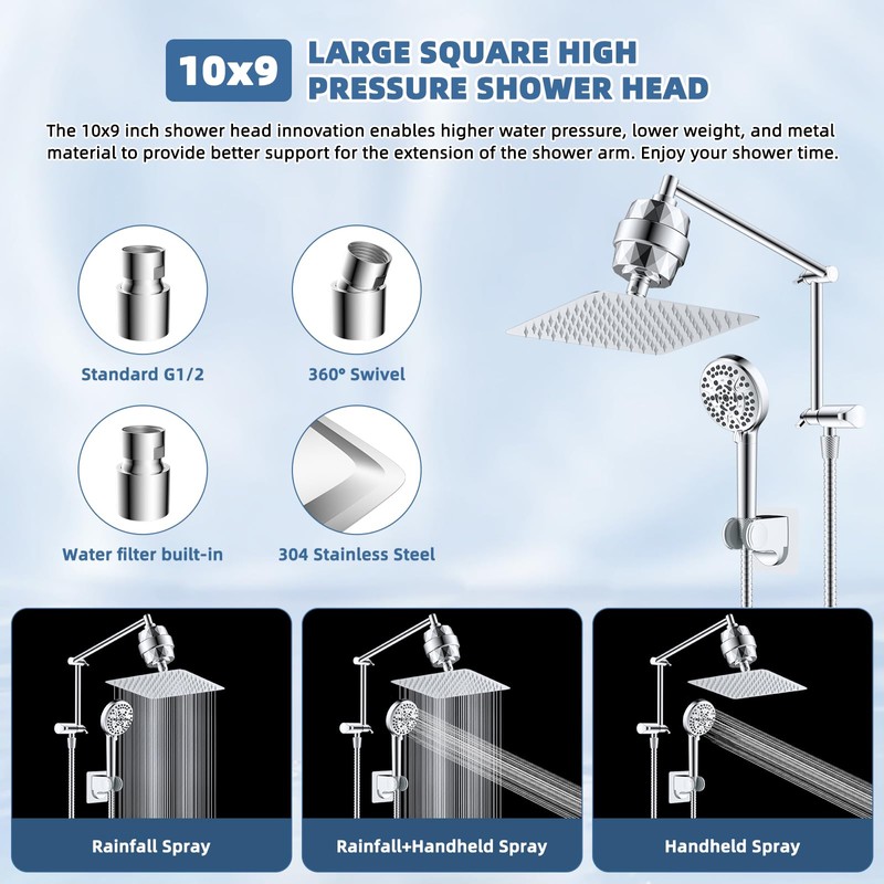 iFealClear Metal Rain Filtered Shower Head, 10” High Pressure Rainfall