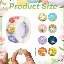 500pcs 1 Inch Easter Stickers, Colorful Happy Easter Sticker Roll Round Easter Egg Bunny Decals Self-Adhesive Rabbit Holiday Labels for Kids Gift Wrapping Envelope Cards Party Supplies Decorations