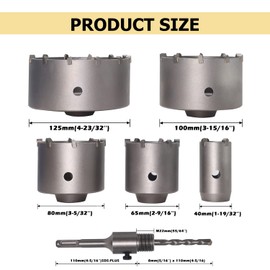 DEHUIWI 6 Pcs Concrete Hole Saw Kit, 5 Inch SDS Plus Max Drill Bits Shank Hammer Drills for Brick, Masonry Hole Saw Kit Size 40 65 80 100 125MM for Brick, Masonry Tungsten Steel SDS Plus Coring Bits