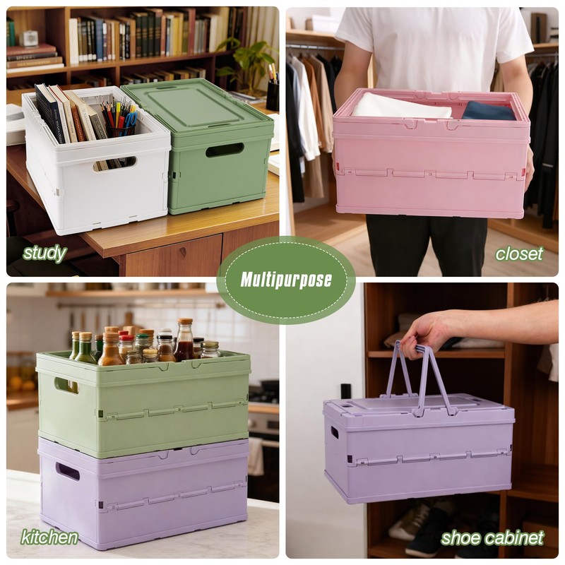 Vivikivi Collapsible Storage Crate, Foldable Plastic Basket with Lid and