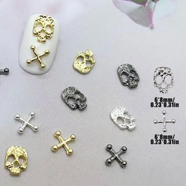 120 Pieces Cross Skull Nail Decoration Set, Gold Silver Metal Nail Charms, Punk Alloy Nail Art Jewellery for Manicure Rhinestones Accessories