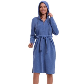 Mnamo Women's Bathrobe Hooded Zip Terry Cloth with Belt Soft Microfibre Long Sleeve Bathrobe Ideal for Home and Wellness, denim blue