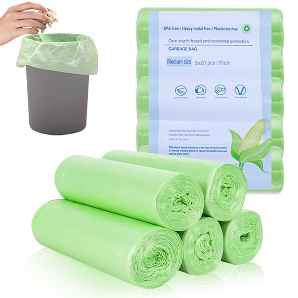 Organic Bin Liners, Pack of 100 Organic Waste Bags 20 L, Compostable Bin Liners, Rubbish Bag, Organic Waste Bags for Kitchen, Office, Living Room (60 x 50 cm, Green)