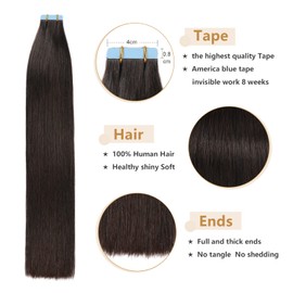 YILITE Tape Hair Extensions Off Black 12 inches 20pcs 40g/pack Invisible Straight Seamless Skin Weft Remy Hair Extensions Silky Tape Hair Extensions Real Human Hair (12 inches #1b Off Black)