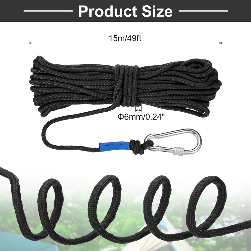 Rebower Nylon Anchor Rope with Hook,1/4"x49ft Hollow Braided Polypropylene Rope